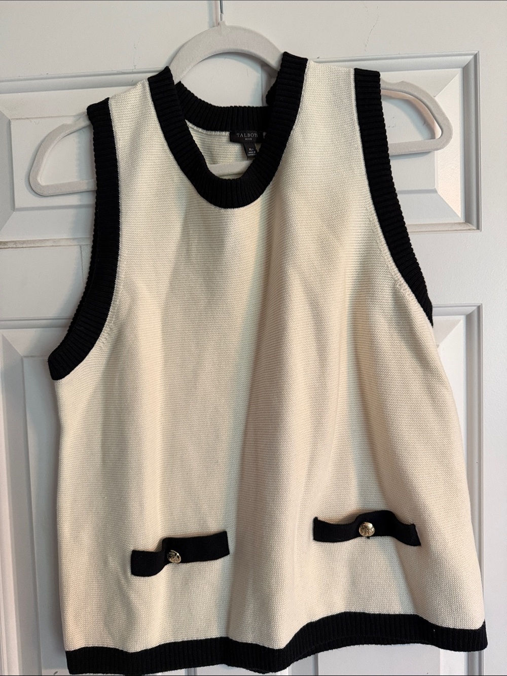 Talbots Ivory Knit Shell with Black Trim and Button Accents